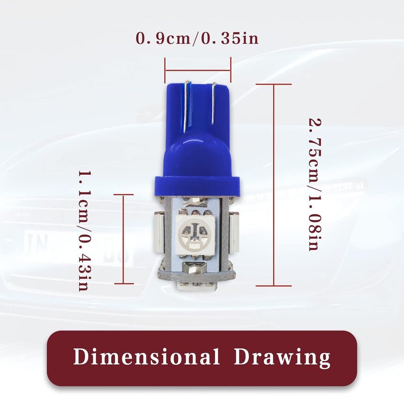 RBOKO 10PCS 194 LED Light Bulb 6000K Wedge T10 LED Bulb 5SMD 5050 Chips, 168 T10 2825 5SMD DC 12V Replacement Bulbs for Car Dome Map Door Courtesy License Plate Lights (Blue) - Image 2